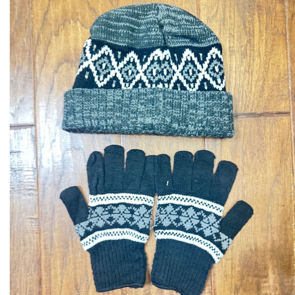 Unisex Fair Isle Beanie and Gloves Set Black Grey White Nordic Knit Winter Hat